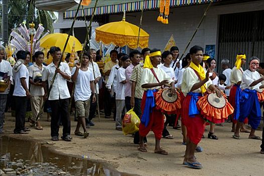 喜庆,队列,音乐,伞,传统服装,柬埔寨