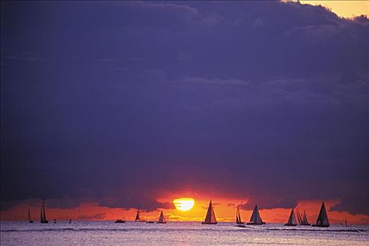 夏威夷,瓦胡岛,怀基基海滩,帆船,剪影,地平线,日落