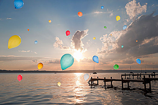 气球,漂浮,上方,安静,湖