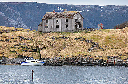 老,灰色,木屋,小,现代,摩托艇,海岸,挪威