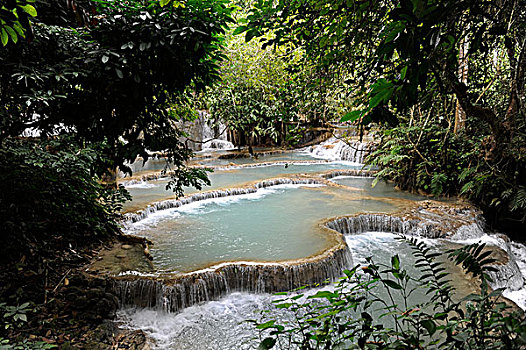 平台,瀑布,琅勃拉邦,老挝,东南亚