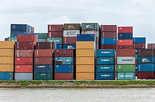 一堆,货物集装箱,河岸,鹿特丹,荷兰
