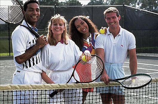 玩,网球,女人,伴侣,球网,彩色,人