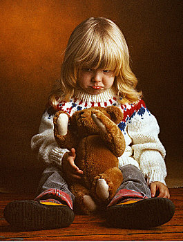 肖像,悲伤,孩子,泰迪熊