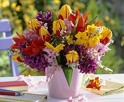 花瓶,郁金香,风信子,水仙花,绣线菊属