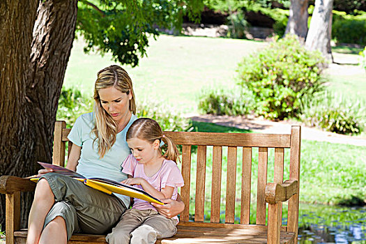 母兽,女儿,公园长椅,读
