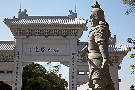 入口,靠近,寺院,雕塑,前景,大屿山,香港