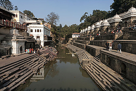 左边,庙宇,正面,河边石梯,皇家,河,帕斯帕提那神庙,加德满都,世界遗产,尼泊尔,亚洲