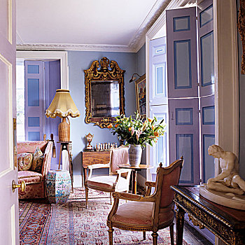 巴洛克,椅子,茶几,正面,百叶窗,镜子,金色,客厅