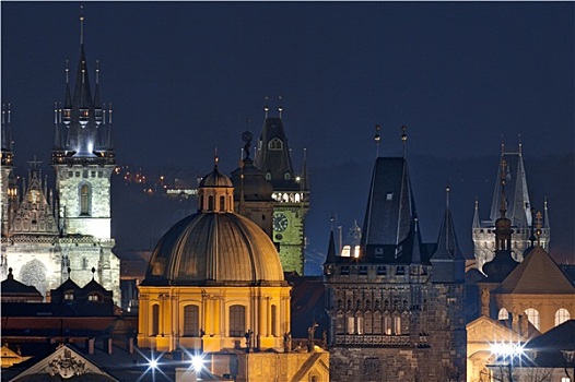 捷克共和国,布拉格,尖顶,老城,提恩教堂,黄昏