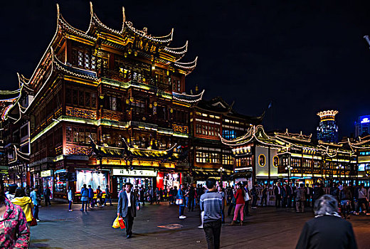 历史,中心,传统建筑,夜晚,照明,上海,中国,亚洲