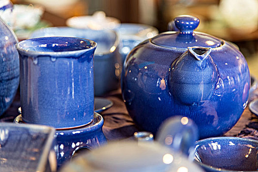 桌子,蓝色,陶瓷,茶壶,大杯