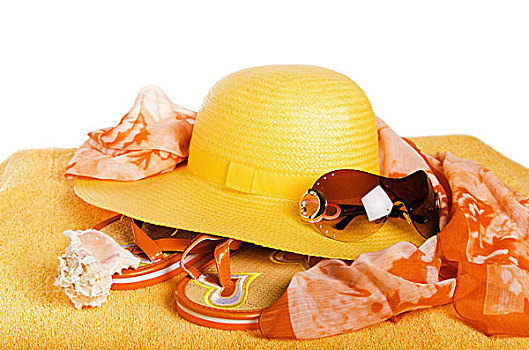 海滩,物品,帽子,毛巾,拖鞋,隔绝,白色背景