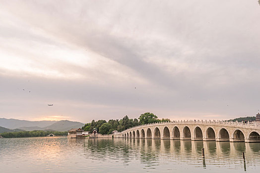 夕阳下的中国北京颐和园的湖泊园林建筑