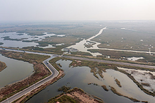 航拍东营黄河入海口湿地公园