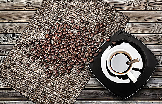 杯子,浓咖啡,咖啡,咖啡豆,帆布,风化,木桌子