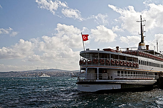 渡轮,飞,土耳其,旗帜,海岸线,后面,多云,天空,高处,伊斯坦布尔