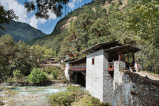 风雨桥,小路,寺院,靠近,廷布,喜马拉雅山,英国,不丹,南亚,亚洲