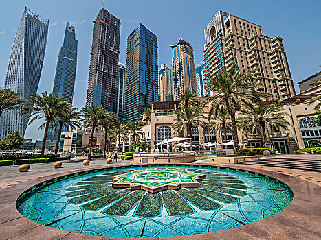 色彩浓厚,喷泉,阿拉伯,瓷砖,下方,奢华,住宅,塔,迪拜,码头