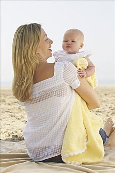 母亲,婴儿,海滩