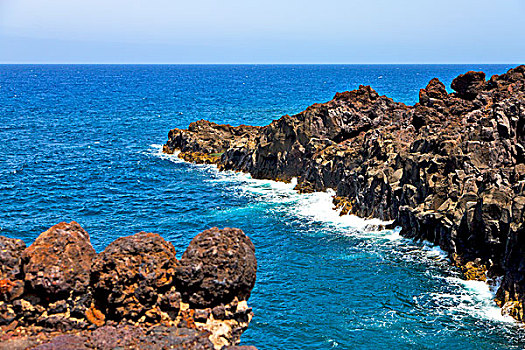 褐色,石头,白色海岸,兰索罗特岛,西班牙,海滩,水,夏天