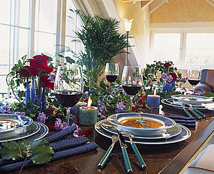 桌子,汤,葡萄酒,玫瑰,常春藤