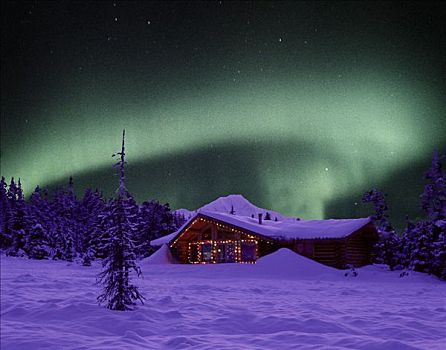 北极光,上方,小屋,圣诞灯光,冬天,景色,合成效果