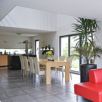 设计师,室内,区域,椅子,苍白,木桌子,灰色,大理石地板,仰视,亮光