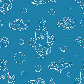 图案,矢量,无缝,海洋,卡通,鱼,章鱼,蓝色