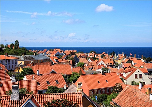 红色,屋顶,海洋,城镇,丹麦