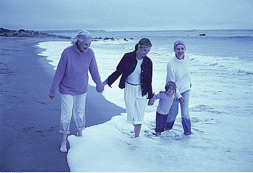 四代人,女人,走,海浪,海滩
