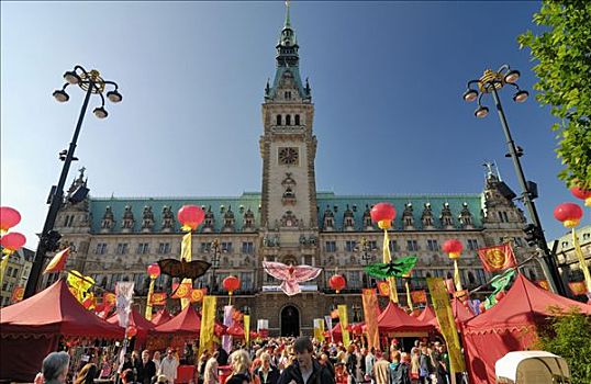 中国,市场,时间,2008年,市政厅,正面,汉堡市,德国,欧洲