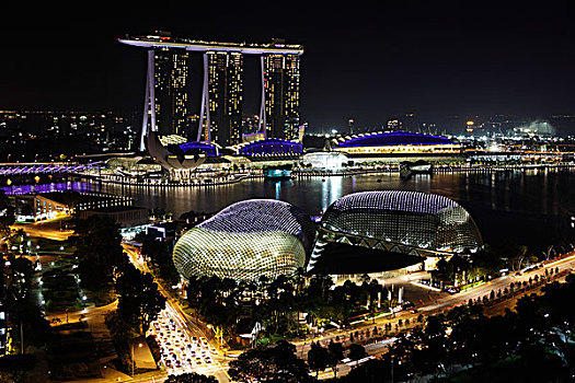 建筑,围绕,码头,夜晚,新加坡