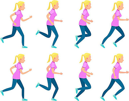 跑,女孩,品种,运动,移动,象征,动作,健身,训练,运动员,不同,位置,手臂,腿,简单,卡通,风格,设计,矢量