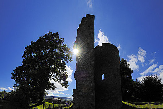 威尔士,波厄斯郡,剪影,遗址,城堡,12世纪,木料,建筑,石头,毁坏,15世纪,气势