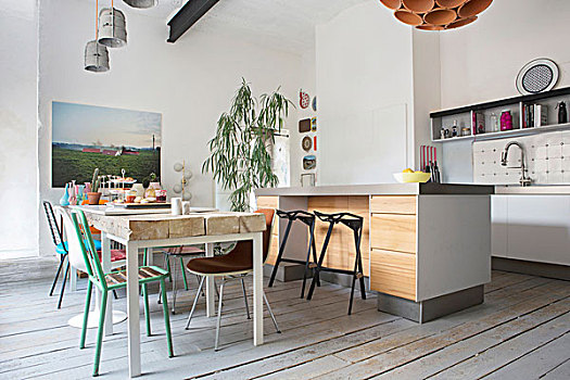 厨房操作台,木质,餐桌,粗厚,上面,厨房,折衷,氛围