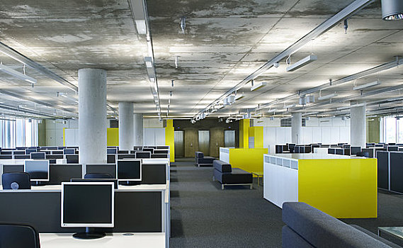 交谈,总部,伦敦,英国,2009年,内景,宽敞,鲜明,开放式格局,办公室,特征,黄色,墙壁