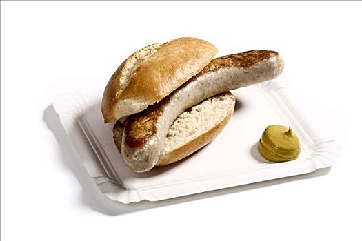 德国香肠,香肠,面包,芥末,纸餐盘
