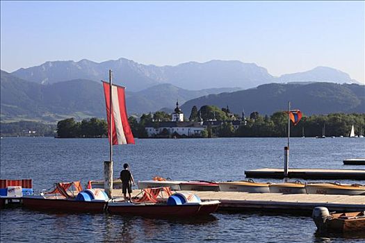 城堡,码头,特劳恩湖,湖,萨尔茨卡莫古特,上奥地利州,奥地利,欧洲
