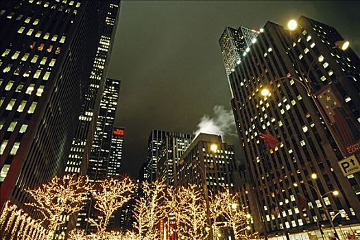 光亮,树,正面,摩天大楼,第6大街,圣诞节,纽约,美国