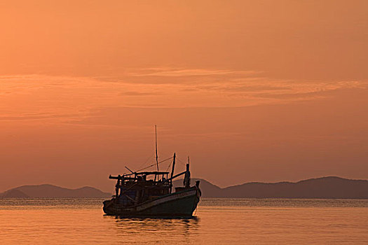 船,日落,海岸,靠近,帽子,越南,东南亚,亚洲