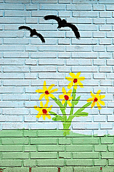 飞,鸟,描绘,墙壁,壁画,鲁尔区,北莱茵威斯特伐利亚,德国,欧洲
