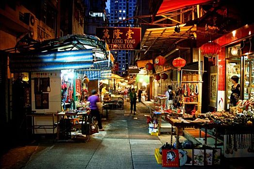 香港,上环,夜景,购物者,猫,街边市场,排