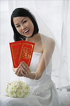新娘,微笑,摄影,室外,两个,红色,信封