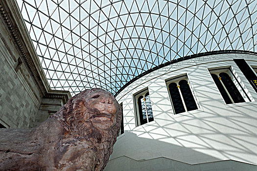 院落,现代,球形,屋顶,钢铁,玻璃,建筑,狮子,雕塑,大英博物馆,伦敦,英格兰,英国