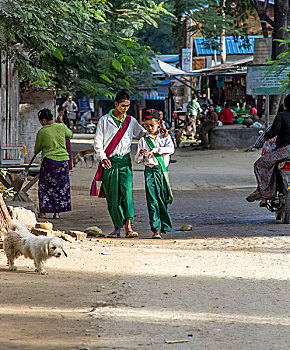 学童,走,学校,曼德勒,缅甸