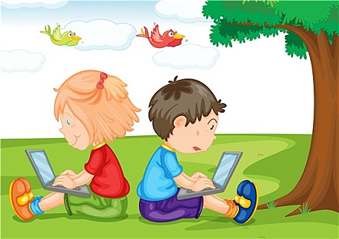 儿童,笔记本电脑,树