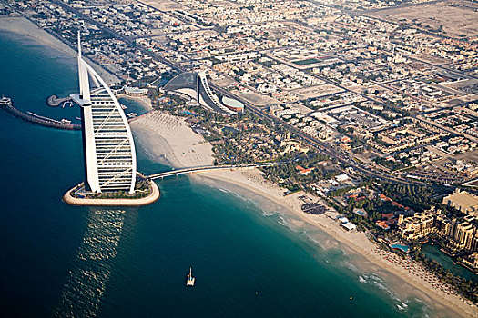 阿联酋,迪拜,俯视,帆船酒店,海滩,酒店,看