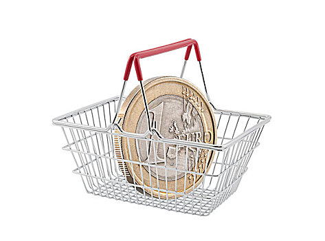 购物篮,1欧元硬币,白色背景,背景