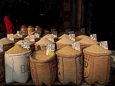 许多,不同,稻米,销售,调味品,批发,市场,老,德里,印度,亚洲